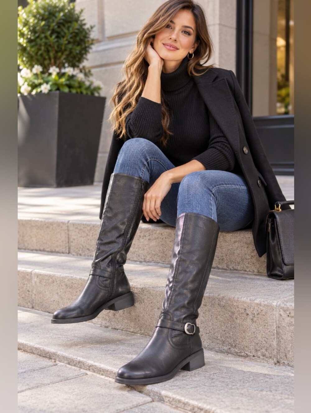 NWOB Nena Beltraps Size 9.5 Women’s Black Knee-High Leather Boots, Side Zipper